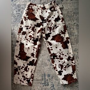 Brown and White Cow Print Denim “Barrel Style” Pants Size Large - NWT